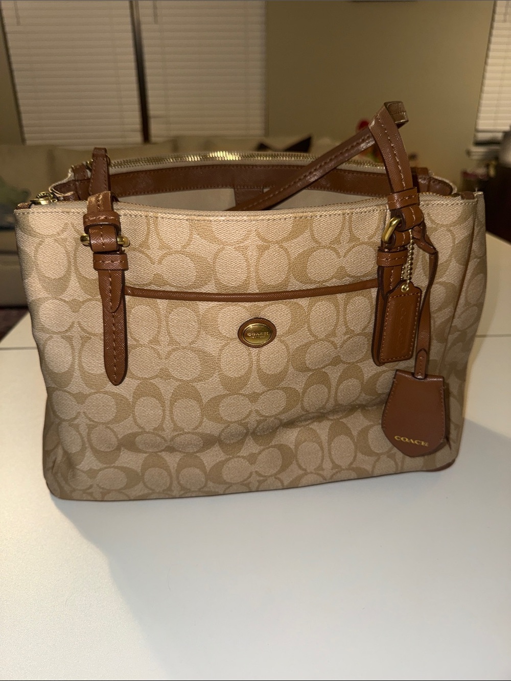 Coach Beige Signature Canvas Shoulder Bag with Brown Trim